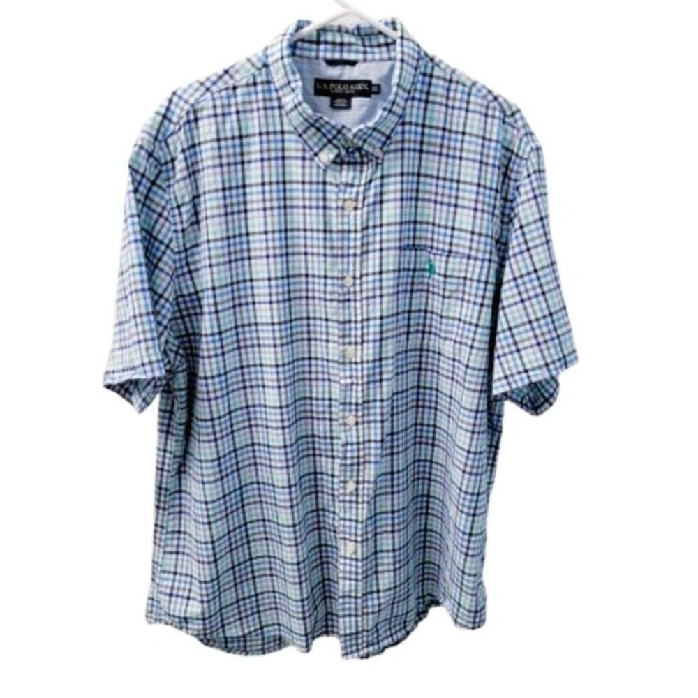 U.S. Polo Assn Men’s Plaid Button‑Down Shirt Blue White Gray Short Sleeve Sze 2X - Picture 2 of 10